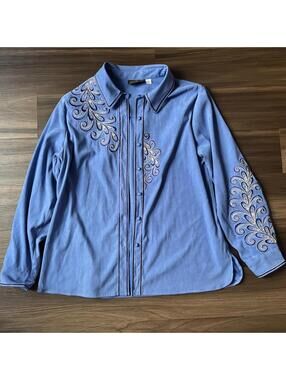 Bob Mackie Wearable Art Shirt Women's Size XL Blue Artsy Button Down Embellished